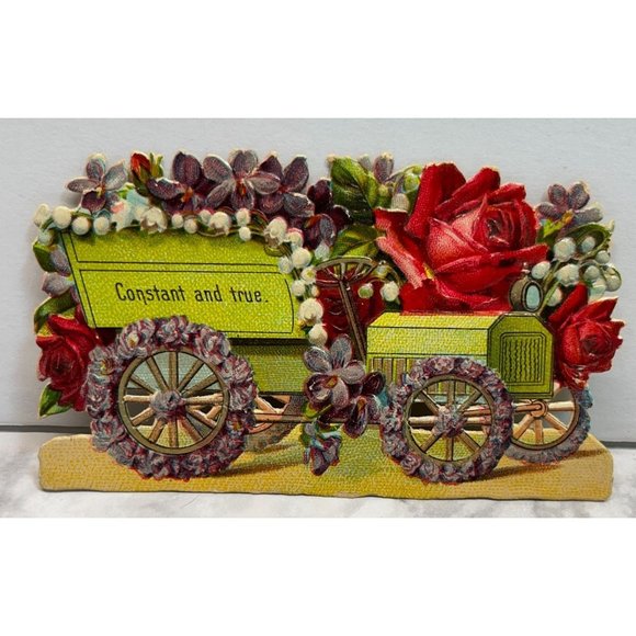 Vintage Greeting Card Constant and True Flower Automobile Art Die Cut Embossed - Picture 6 of 6